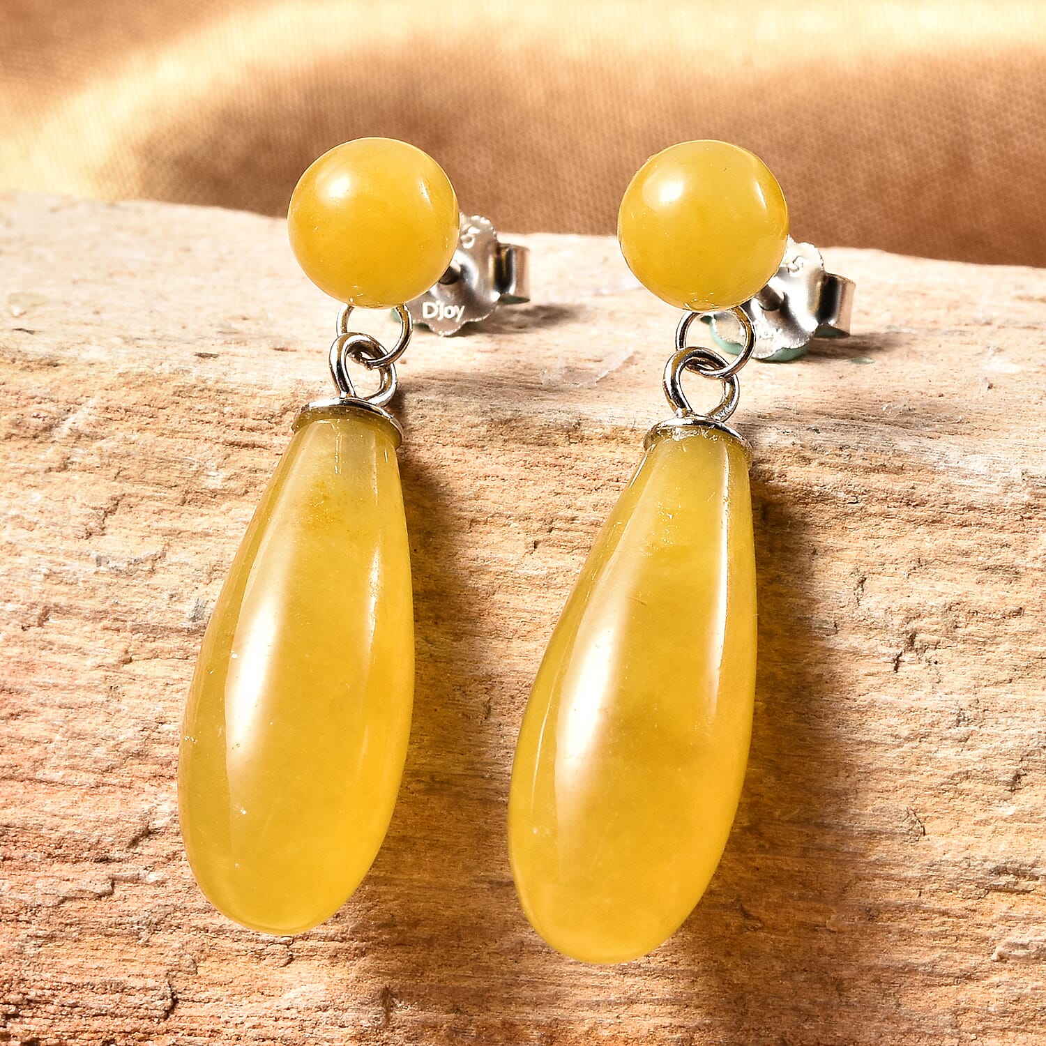 Honey Jade Dangling Earrings (with Push Back) in Rhodium Overlay Sterling Silver 27.50 Ct.