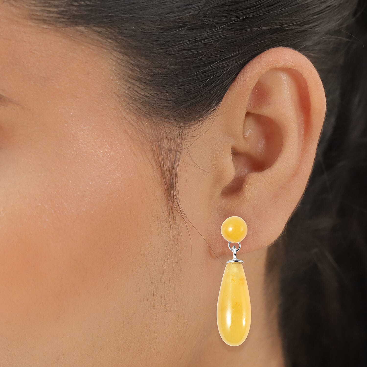 Honey Jade Dangling Earrings (with Push Back) in Rhodium Overlay Sterling Silver 27.50 Ct.