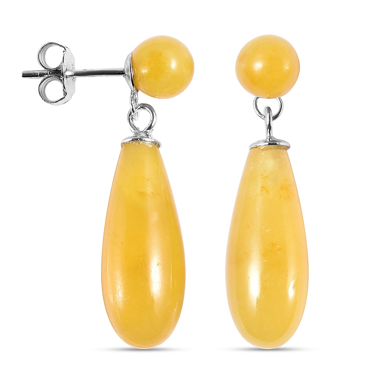 Honey Jade Dangling Earrings (with Push Back) in Rhodium Overlay Sterling Silver 27.50 Ct.