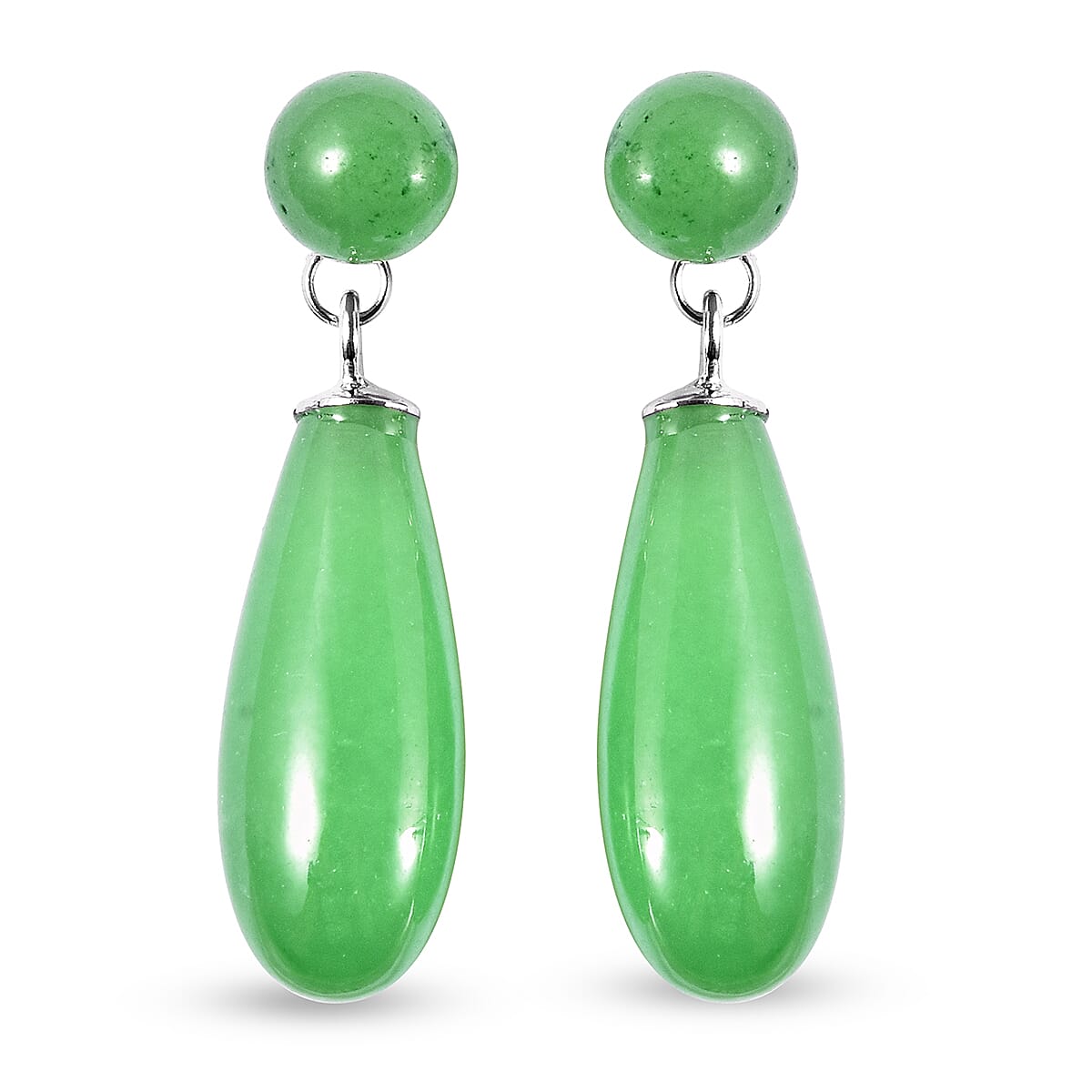 Green Jade Dangle Earrings (with Push Back) in Rhodium Overlay Sterling Silver 27.50 Ct.