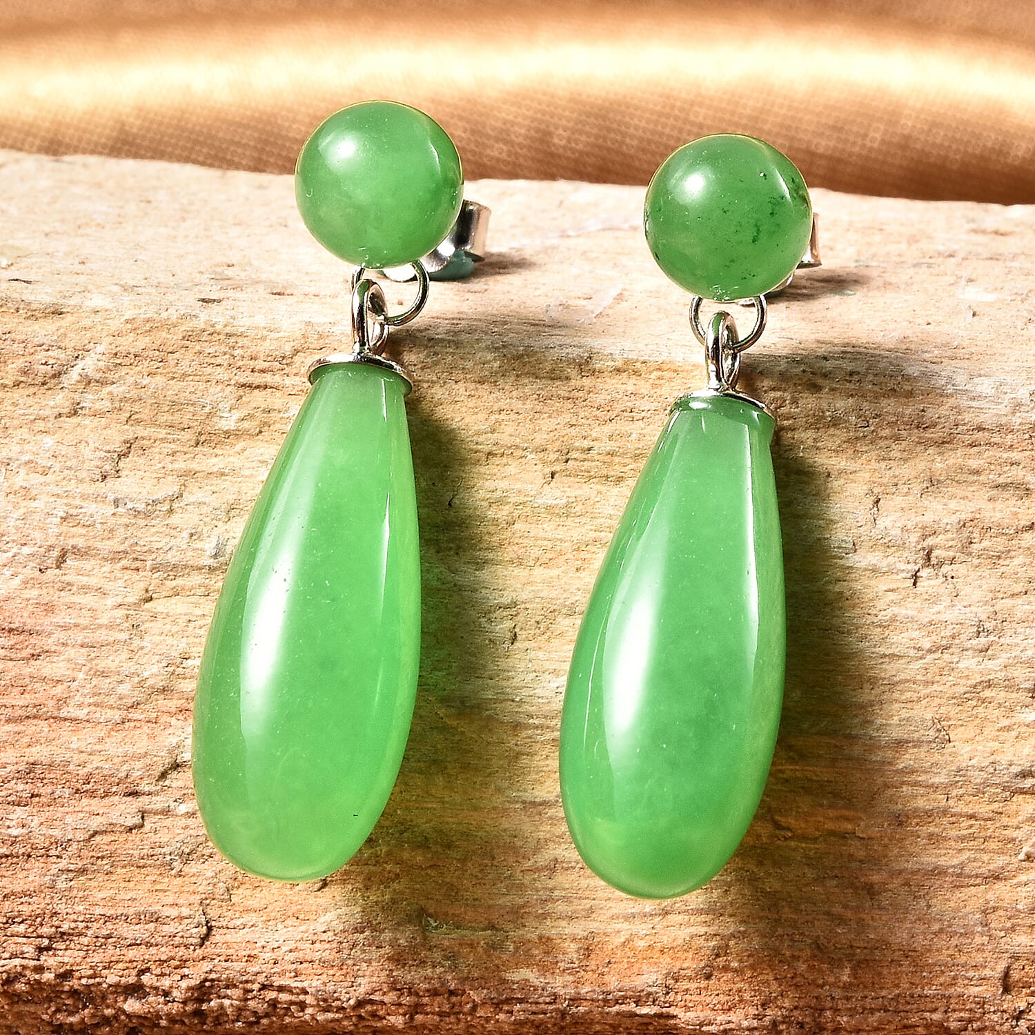 Green Jade Dangle Earrings (with Push Back) in Rhodium Overlay Sterling Silver 27.50 Ct.
