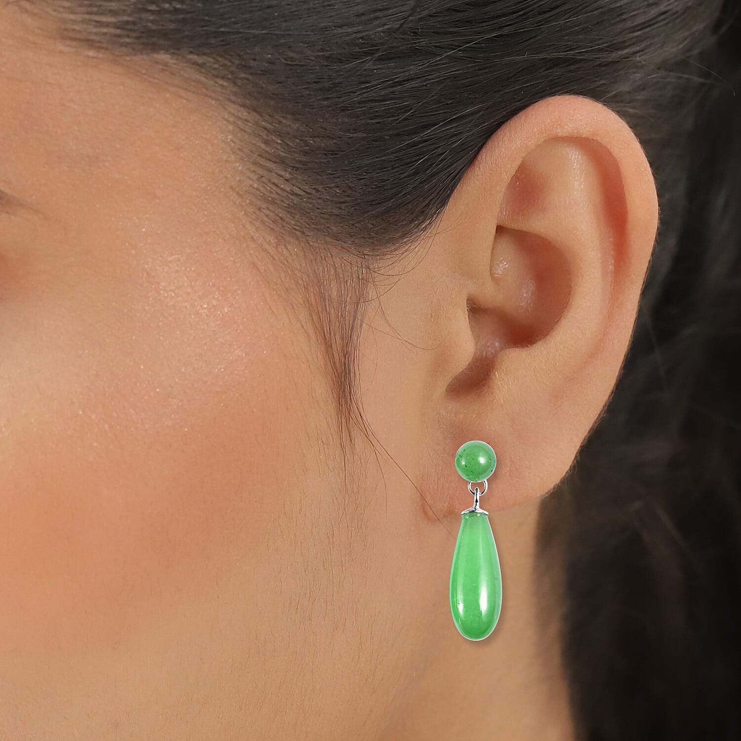 Green Jade Dangle Earrings (with Push Back) in Rhodium Overlay Sterling Silver 27.50 Ct.