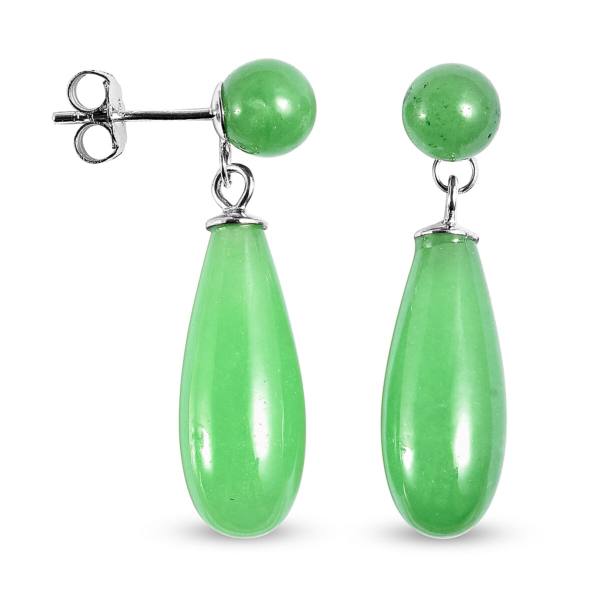 Green Jade Dangle Earrings (with Push Back) in Rhodium Overlay Sterling Silver 27.50 Ct.