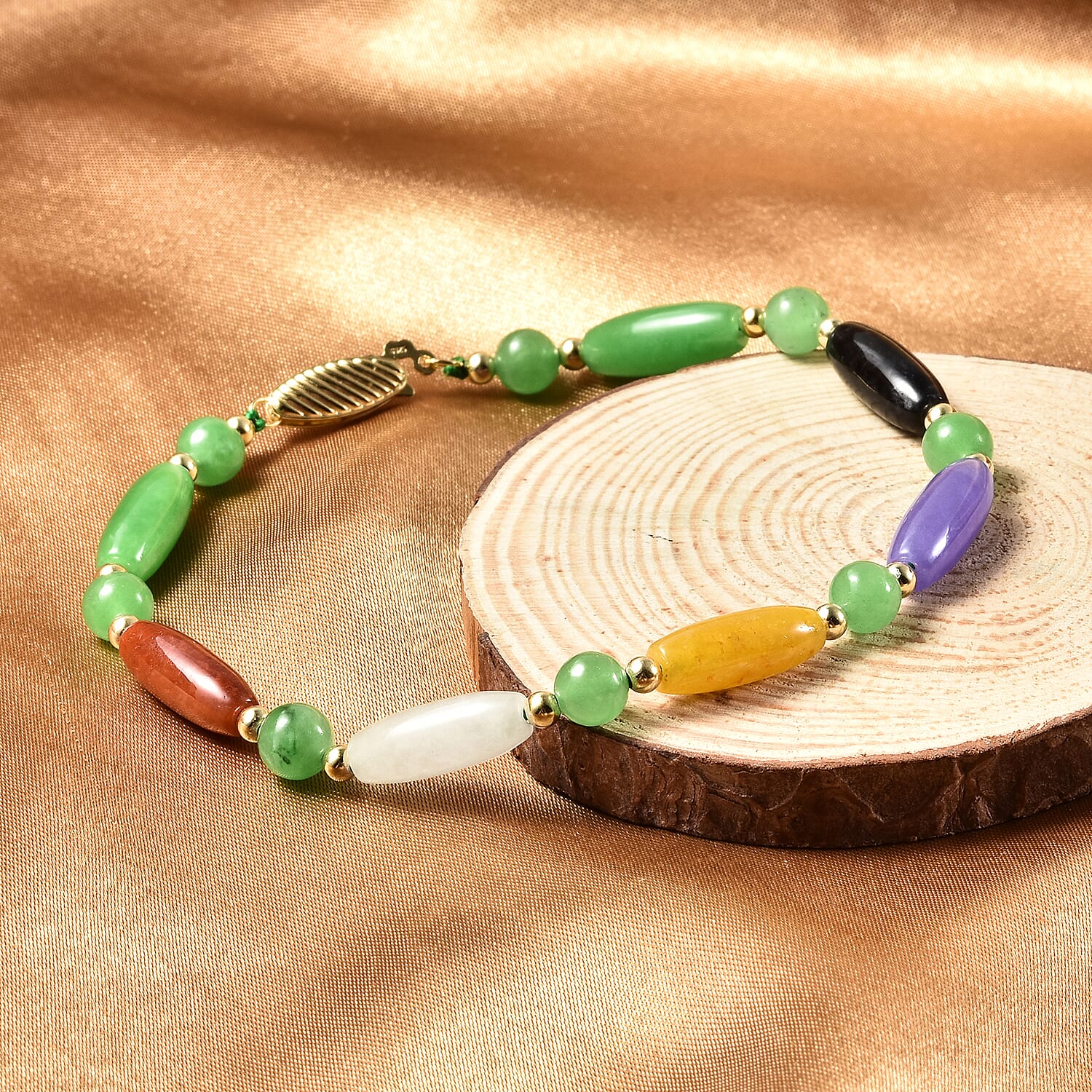 Multi Colour Jade Bracelet (Size - 7.5) in Sterling Silver