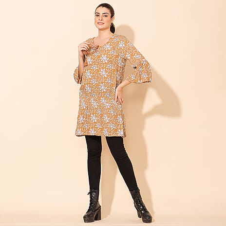 TAMSY 100% Viscose Printed Crepe Top (Size 14) - Beige
