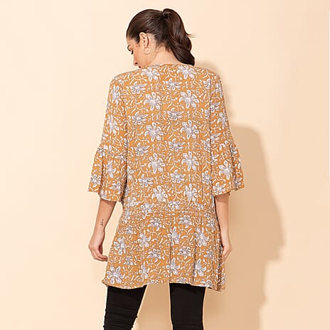 TAMSY 100% Viscose Printed Crepe Top (Size 14) - Beige