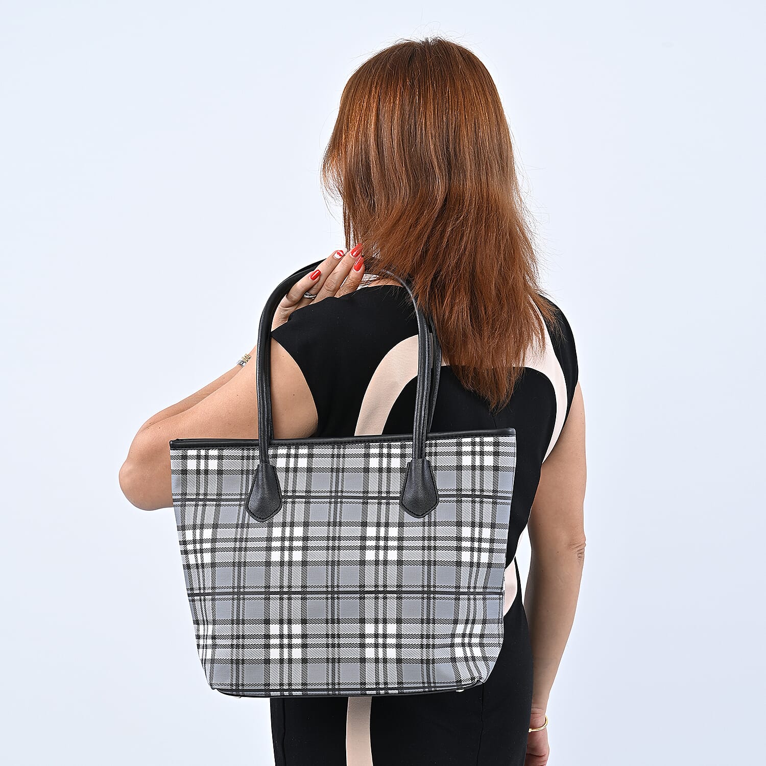 Closeout Deal Plaid Pattern Tote Bag with Shouder Strap (Size 30x29x12 Cm) - Grey & White