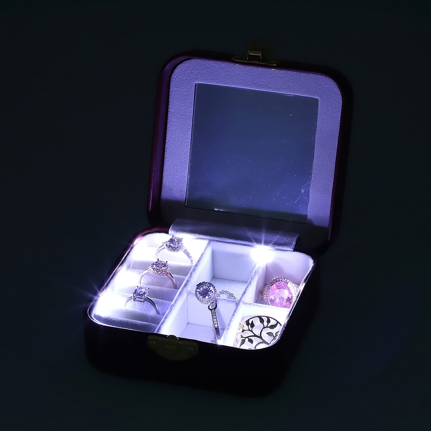 Stylish LED Light Mirror Jewellery Box wih Lock  (Size 10x10x5 Cm) - Burgundy