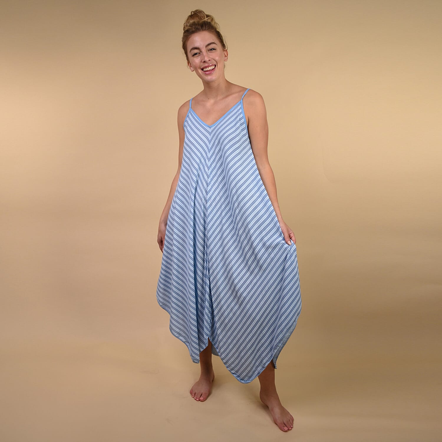 TAMSY Viscose Asymmetrical Hem Herringbone Stripe Dress One Size - Denim Blue