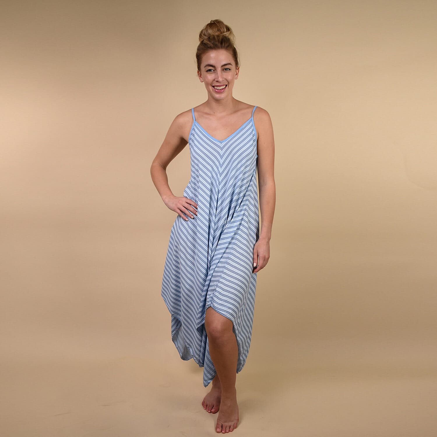 TAMSY Viscose Asymmetrical Hem Herringbone Stripe Dress One Size - Denim Blue