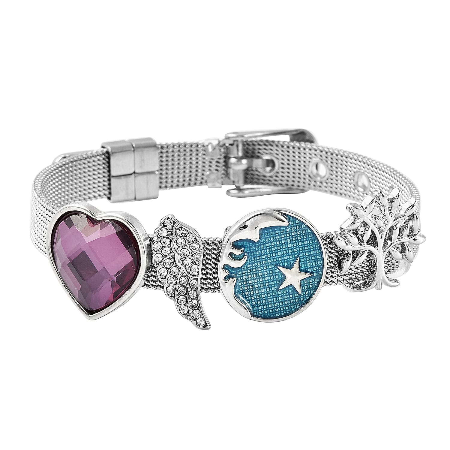 Simulated Amethyst and White Austrian Crystal Adjustable Mesh Belt Strap Enamelled Bracelet (Size 5.5-8.0) in Silver Tone