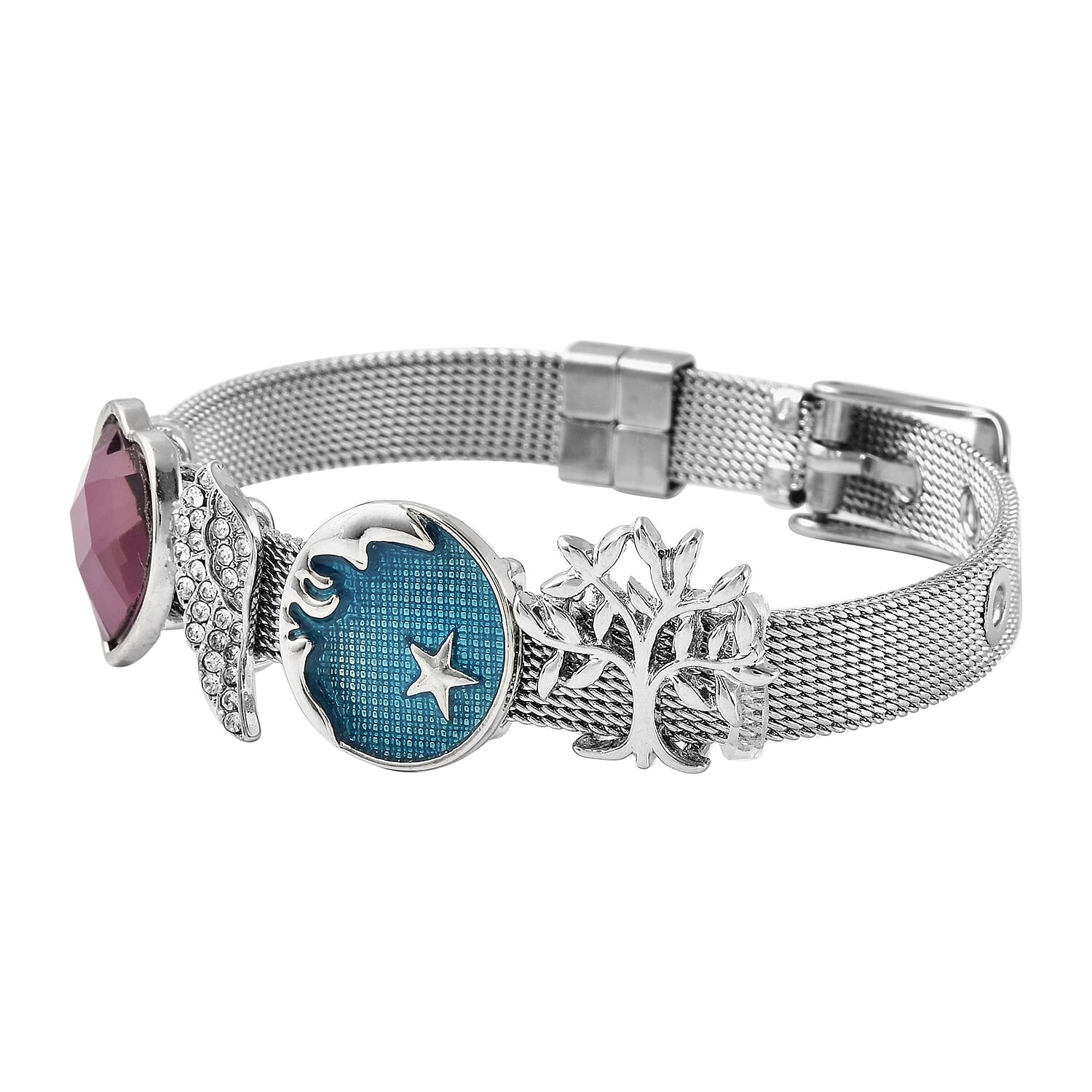 Simulated Amethyst and White Austrian Crystal Adjustable Mesh Belt Strap Enamelled Bracelet (Size 5.5-8.0) in Silver Tone