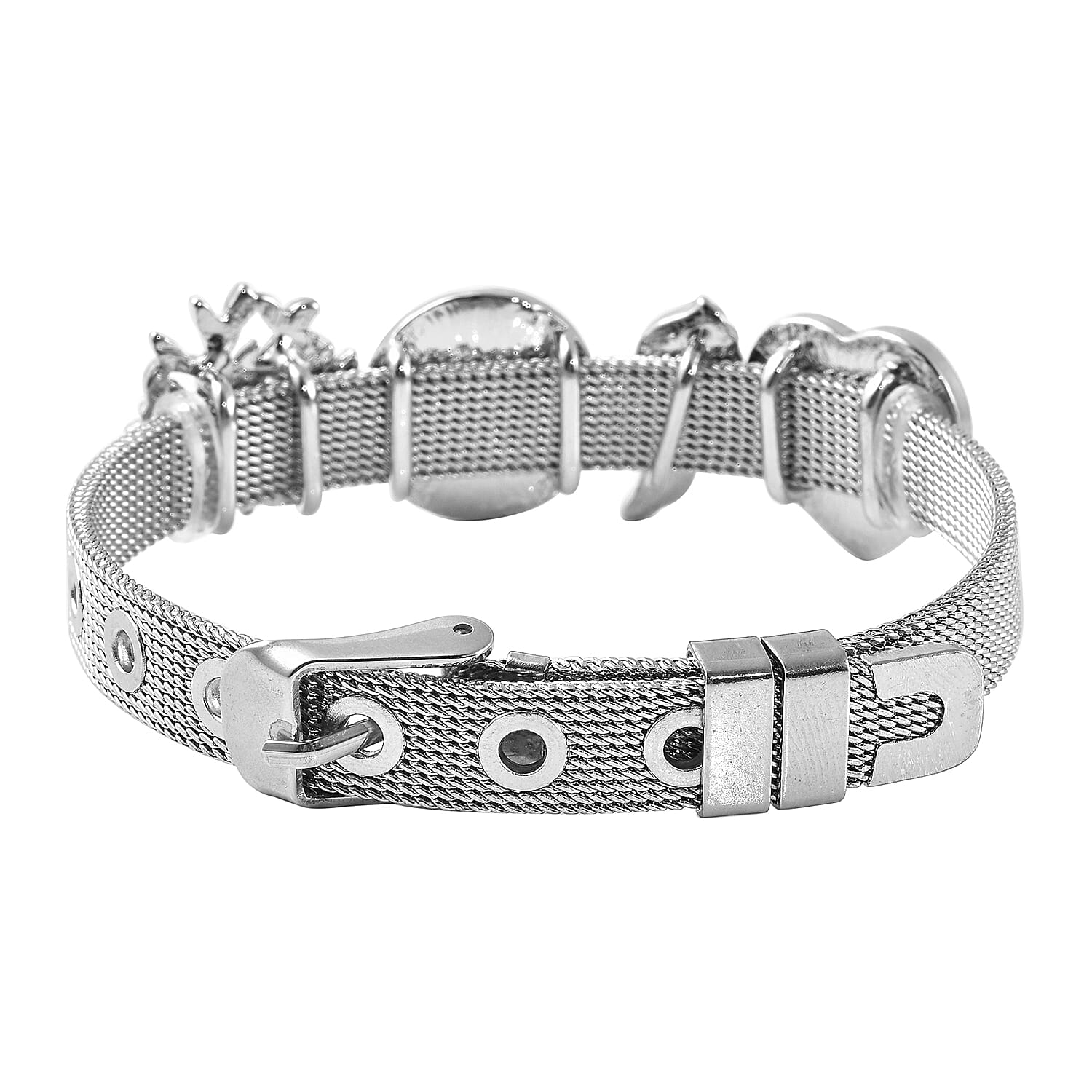 Simulated Amethyst and White Austrian Crystal Adjustable Mesh Belt Strap Enamelled Bracelet (Size 5.5-8.0) in Silver Tone