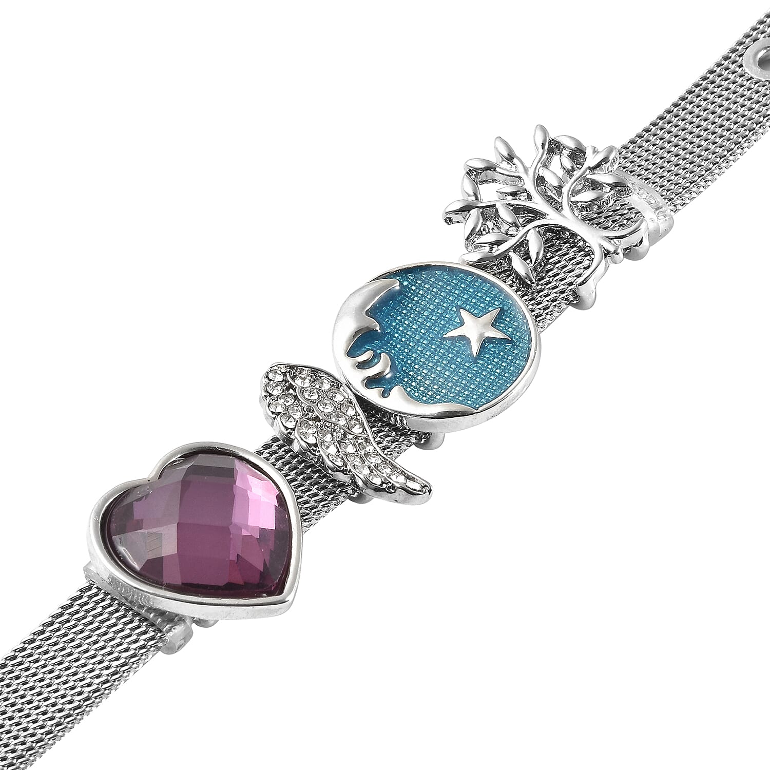 Simulated Amethyst and White Austrian Crystal Adjustable Mesh Belt Strap Enamelled Bracelet (Size 5.5-8.0) in Silver Tone