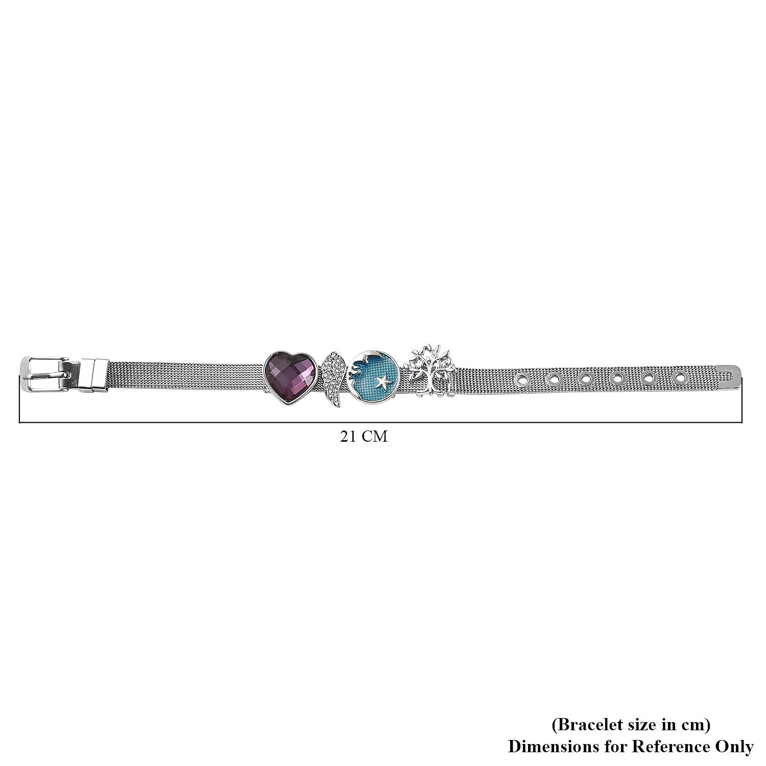 Simulated Amethyst and White Austrian Crystal Adjustable Mesh Belt Strap Enamelled Bracelet (Size 5.5-8.0) in Silver Tone