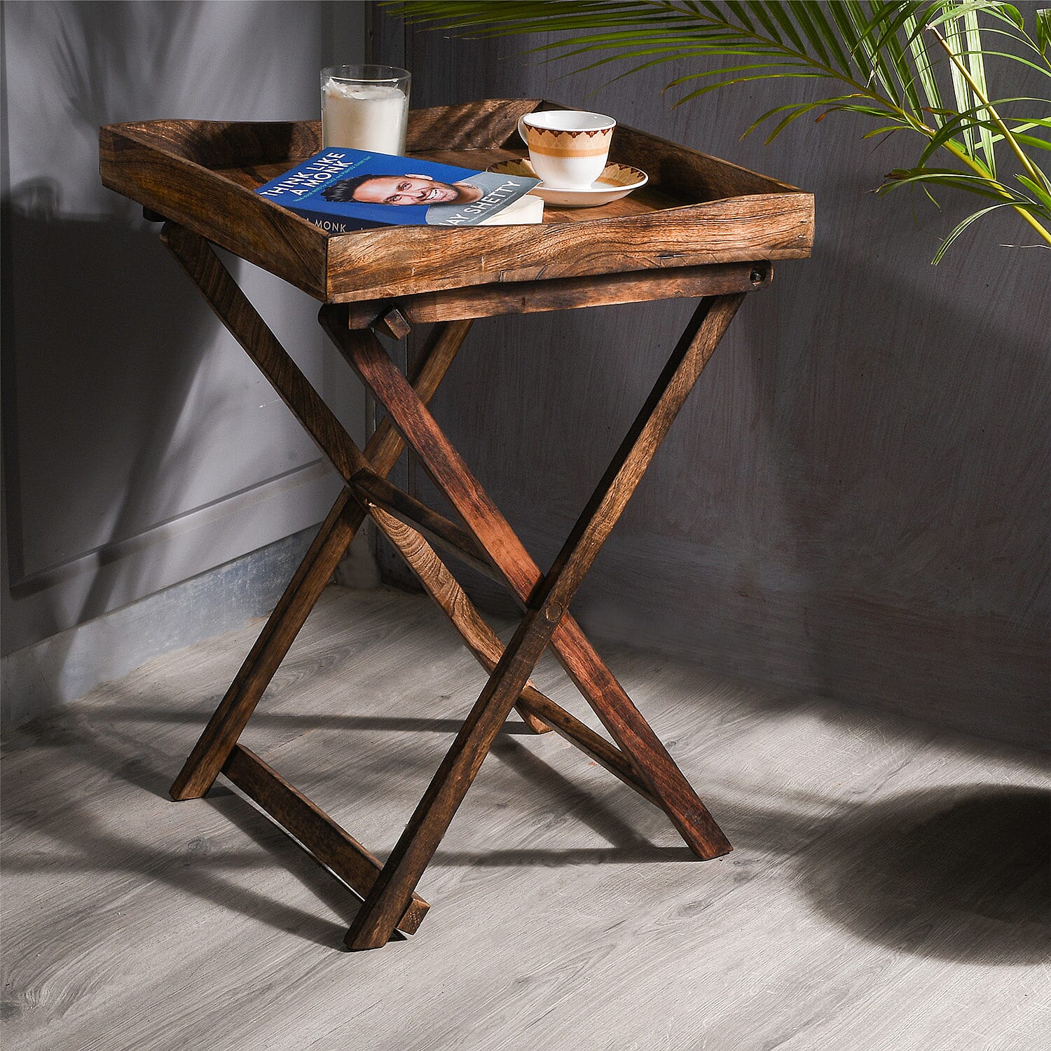 Mango Tree Wooden Tray with Stand (Size 46x46x61 Cm) - Dark Brown