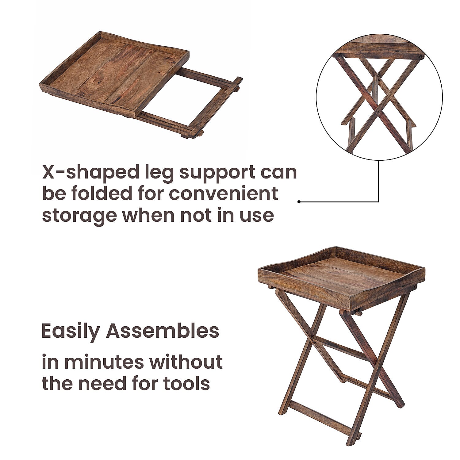 Mango Tree Wooden Tray with Stand (Size 46x46x61 Cm) - Dark Brown