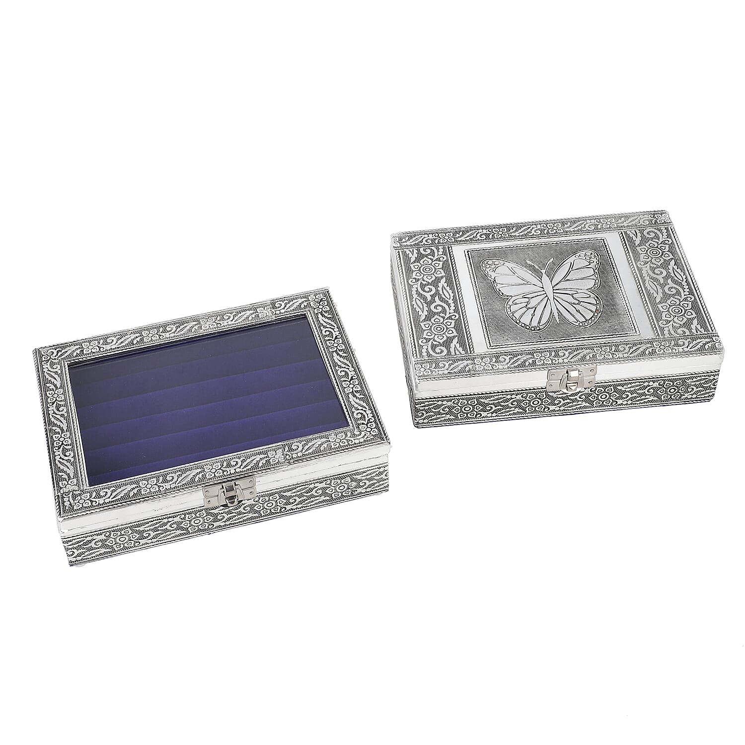 set of 2 handcrafted black faux velvety mini aluminum Butterfly engraved Storage boxes with transparent and lion lids