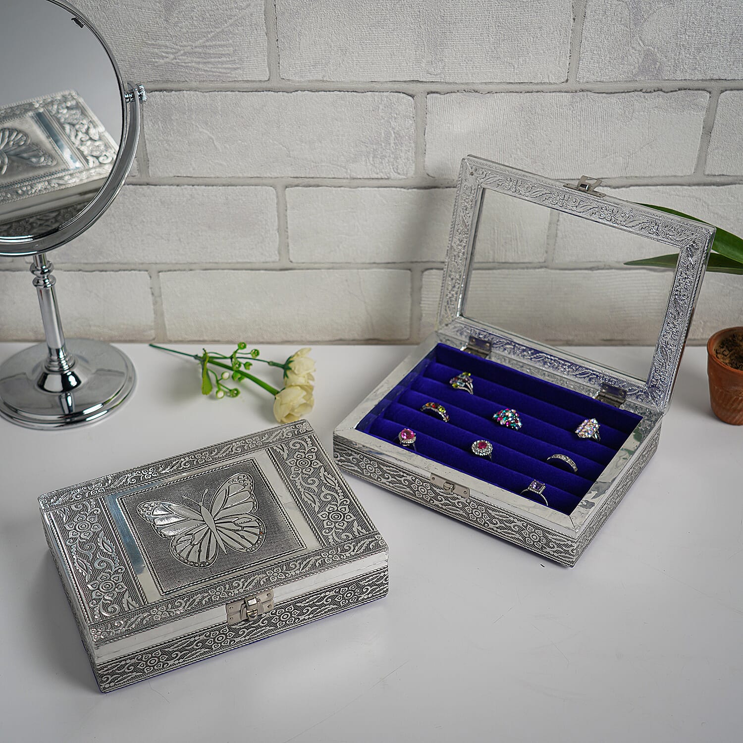 set of 2 handcrafted black faux velvety mini aluminum Butterfly engraved Storage boxes with transparent and lion lids