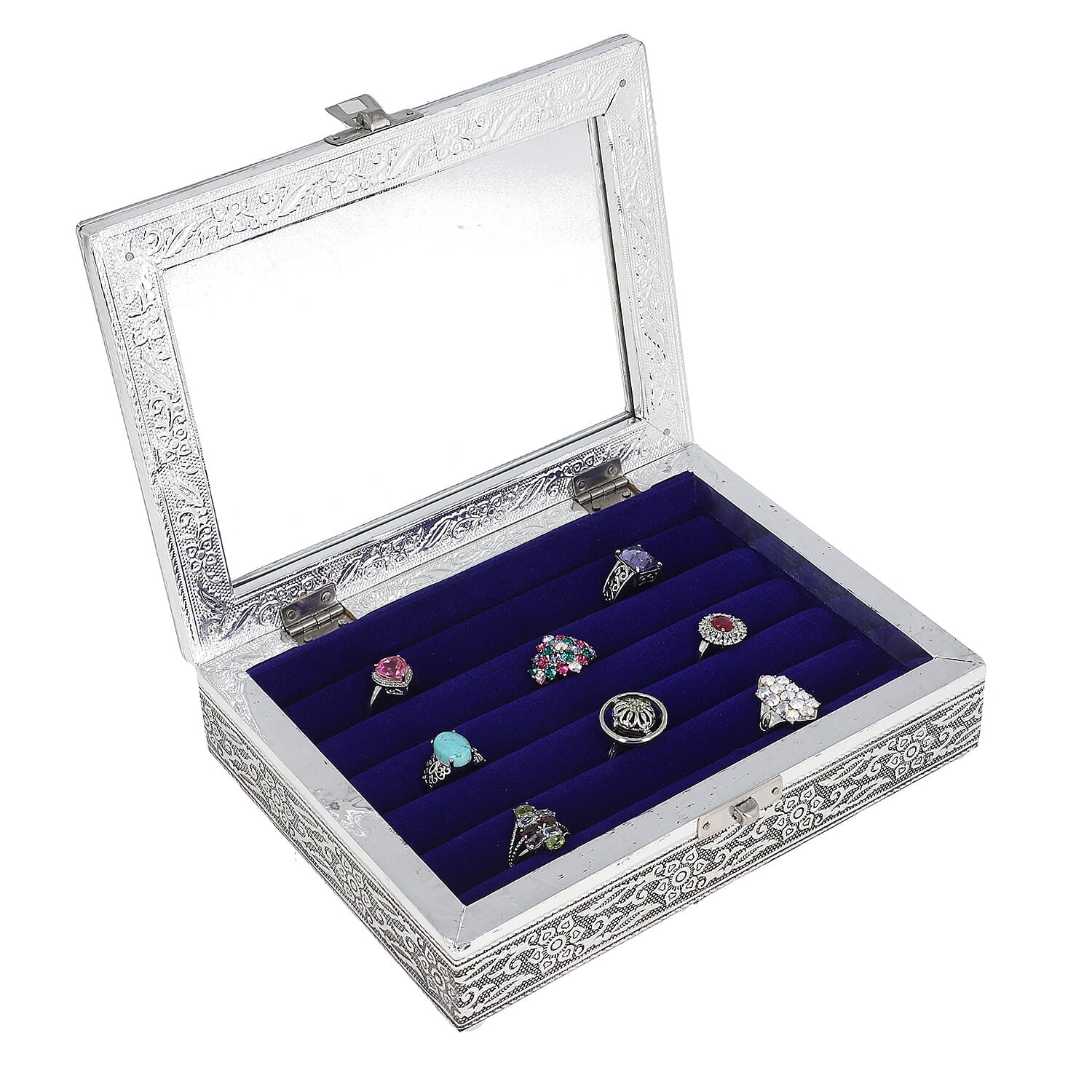 set of 2 handcrafted black faux velvety mini aluminum Butterfly engraved Storage boxes with transparent and lion lids