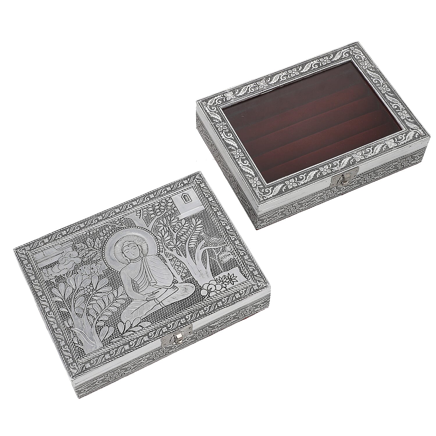 Set of 2 - Handcrafted Aluminium Embossed Transparent Window and Buddha Pattern Ring Box with Velvet Lining (Size 20x5x15Cm)
