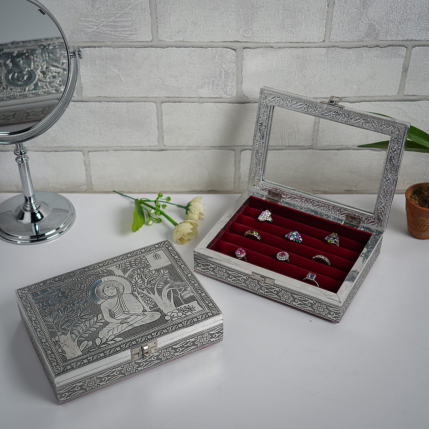 Set of 2 - Handcrafted Aluminium Embossed Transparent Window and Buddha Pattern Ring Box with Velvet Lining (Size 20x5x15Cm)
