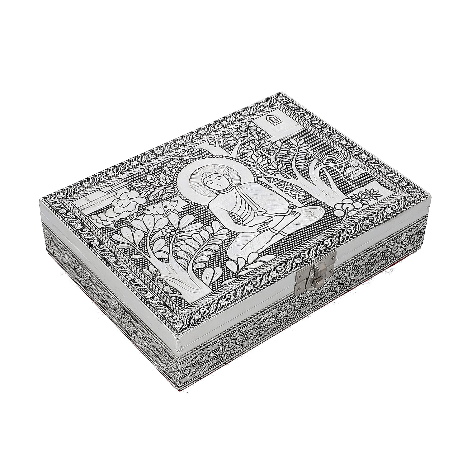 Set of 2 - Handcrafted Aluminium Embossed Transparent Window and Buddha Pattern Ring Box with Velvet Lining (Size 20x5x15Cm)