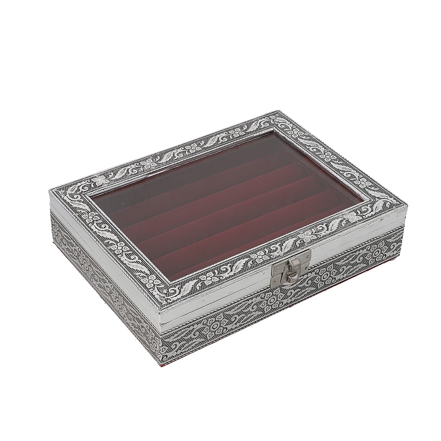 Set of 2 - Handcrafted Aluminium Embossed Transparent Window and Buddha Pattern Ring Box with Velvet Lining (Size 20x5x15Cm)