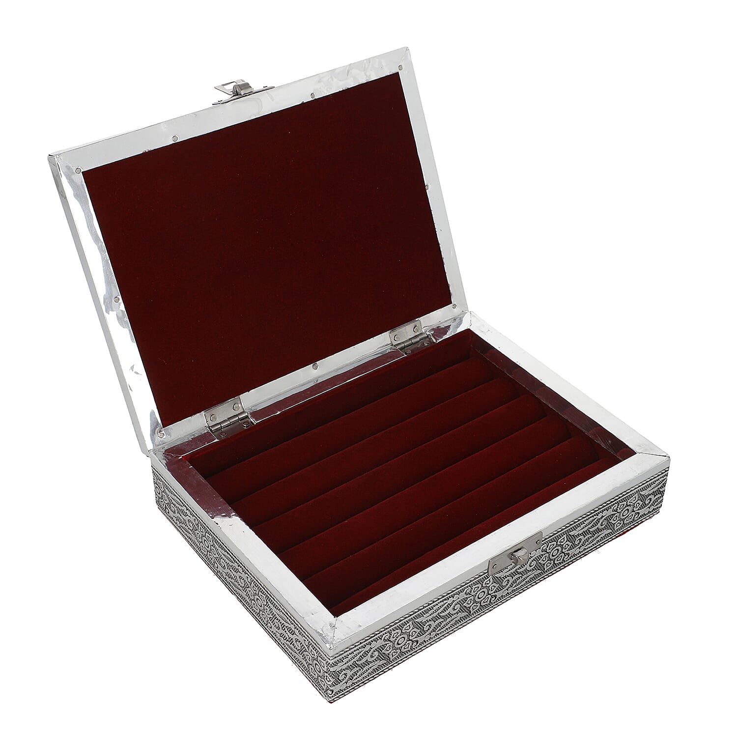 Set of 2 - Handcrafted Aluminium Embossed Transparent Window and Buddha Pattern Ring Box with Velvet Lining (Size 20x5x15Cm)