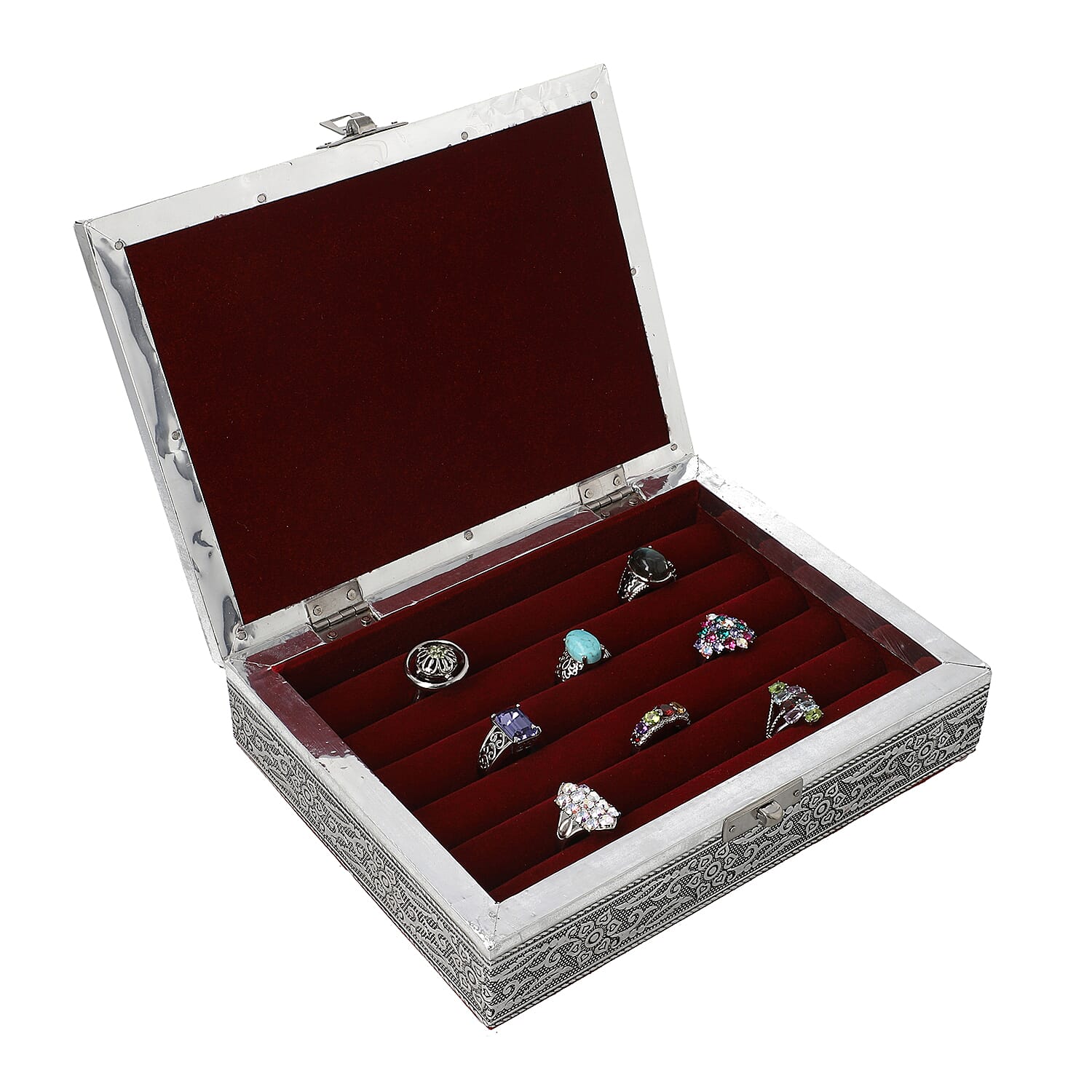 Set of 2 - Handcrafted Aluminium Embossed Transparent Window and Buddha Pattern Ring Box with Velvet Lining (Size 20x5x15Cm)