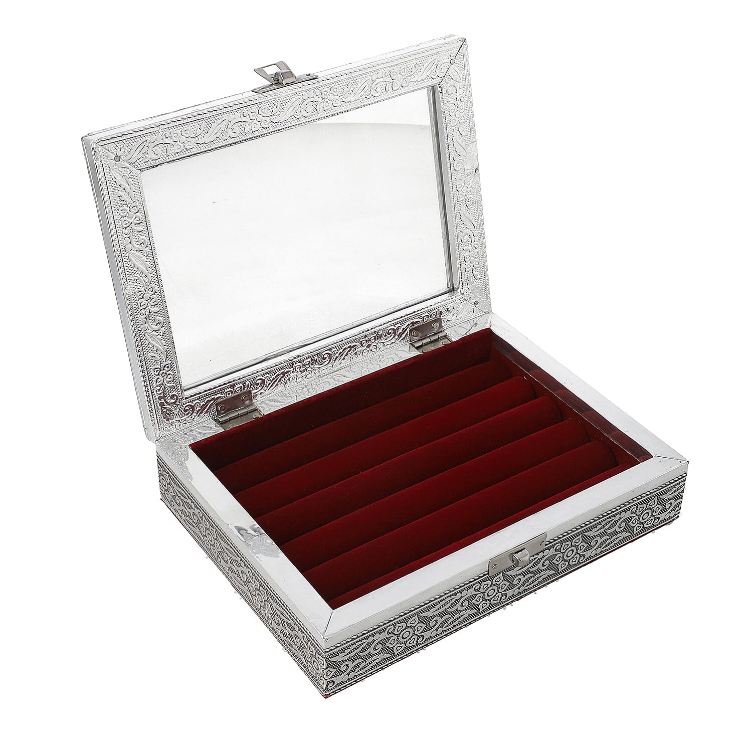 Set of 2 - Handcrafted Aluminium Embossed Transparent Window and Buddha Pattern Ring Box with Velvet Lining (Size 20x5x15Cm)