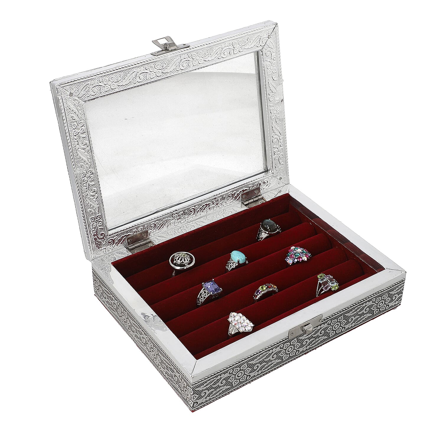 Set of 2 - Handcrafted Aluminium Embossed Transparent Window and Buddha Pattern Ring Box with Velvet Lining (Size 20x5x15Cm)