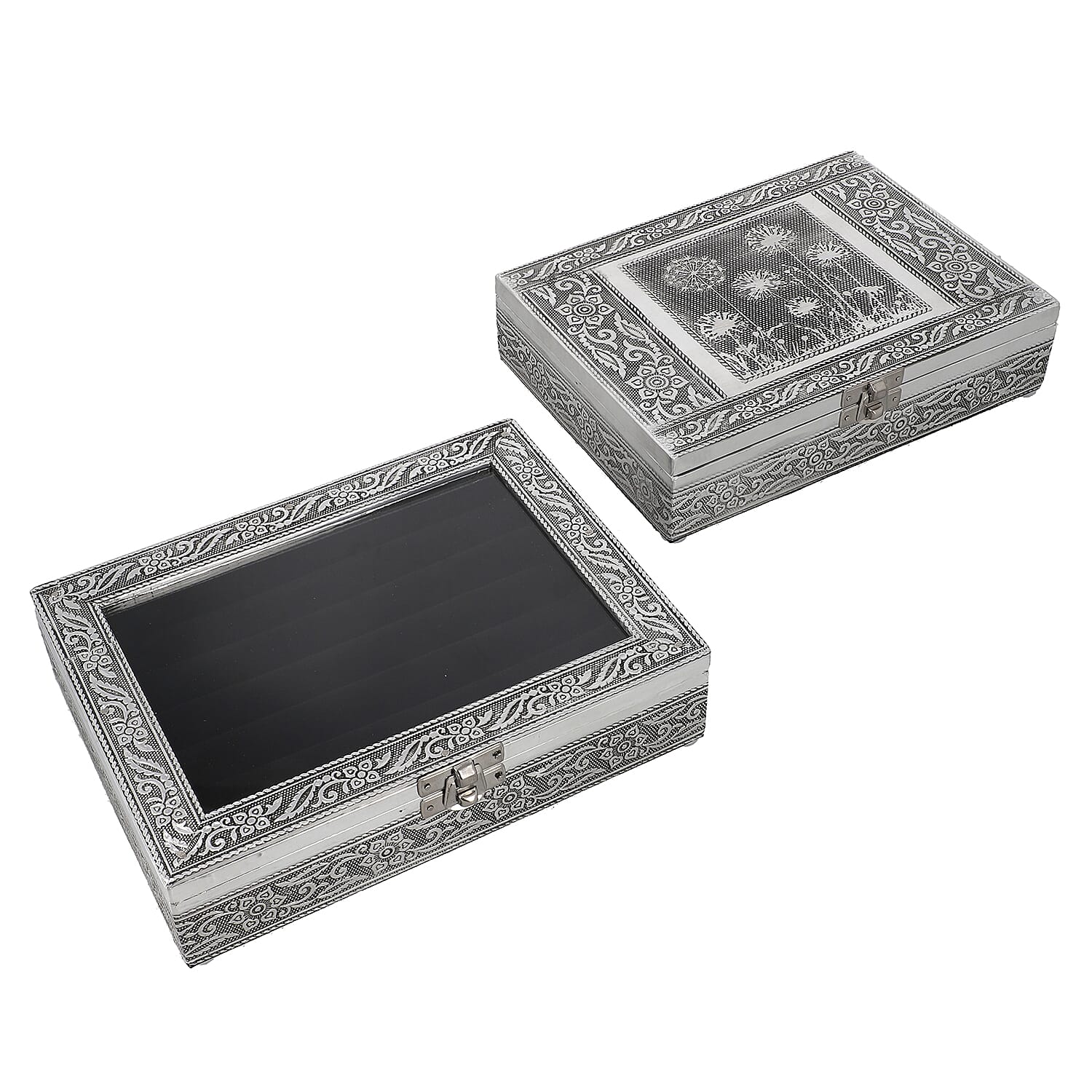 Set of 2 - Handcrafted Aluminium Embossed Transparent Window and Dandelion Pattern Ring Box with Velvet Lining (Size 20x5x15Cm)