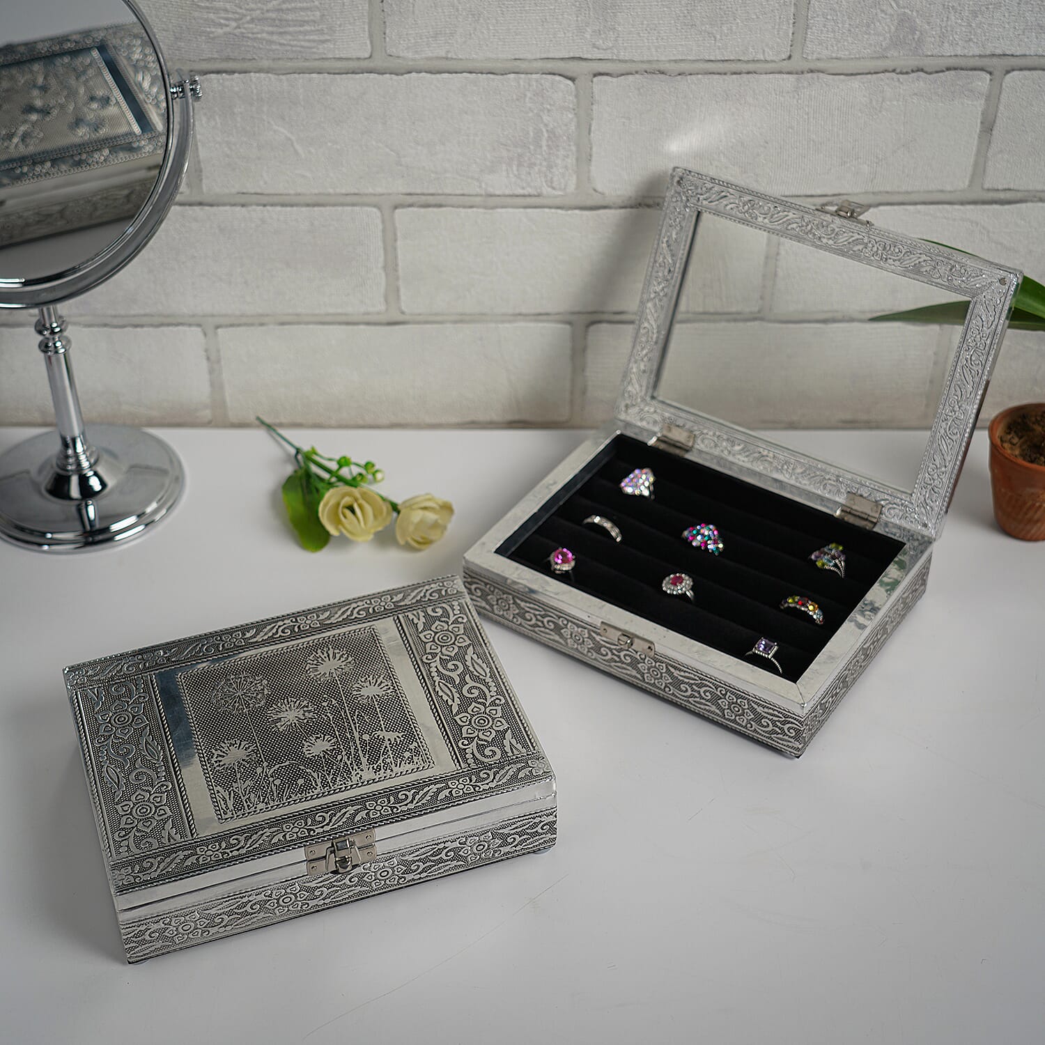 Set of 2 - Handcrafted Aluminium Embossed Transparent Window and Dandelion Pattern Ring Box with Velvet Lining (Size 20x5x15Cm)