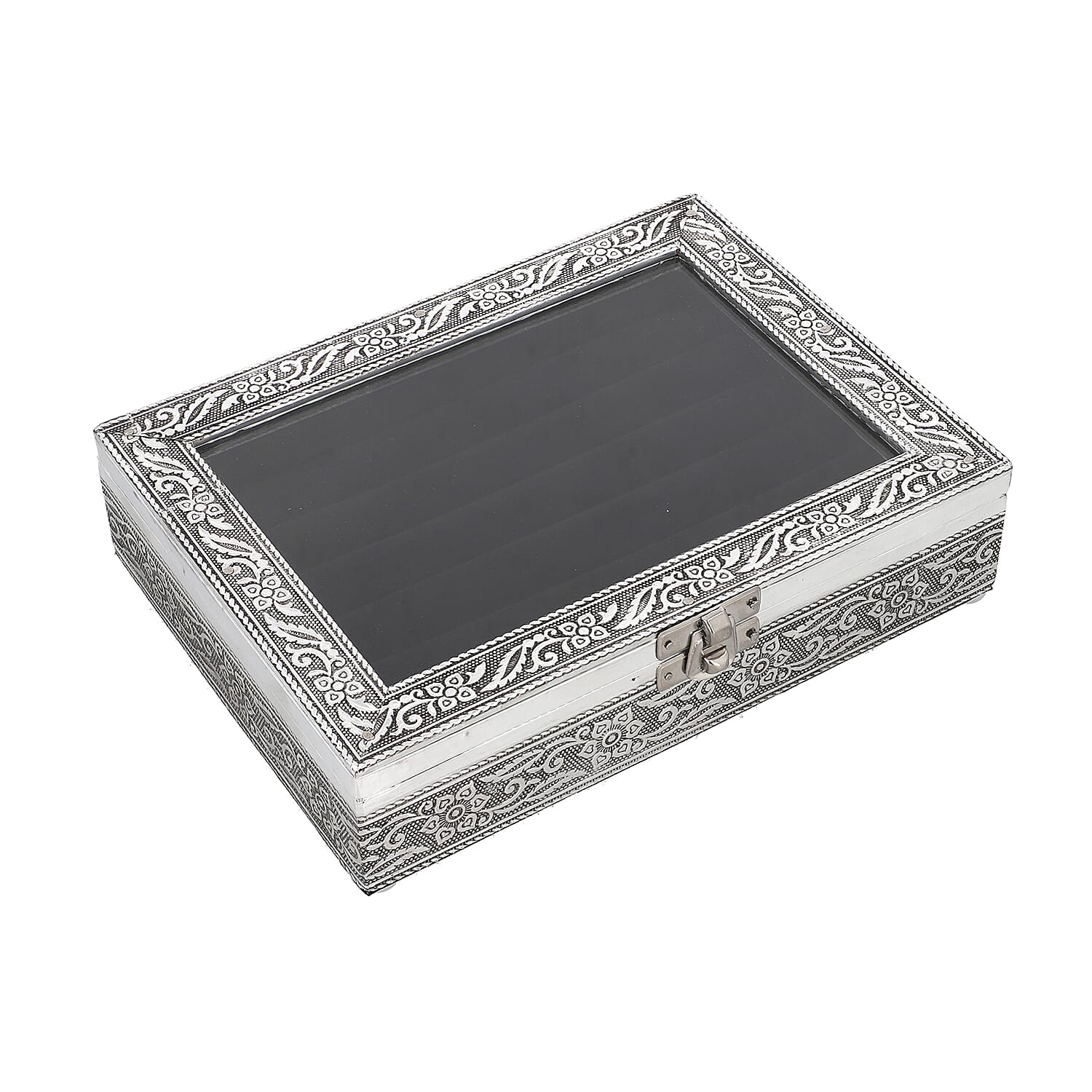 Set of 2 - Handcrafted Aluminium Embossed Transparent Window and Dandelion Pattern Ring Box with Velvet Lining (Size 20x5x15Cm)