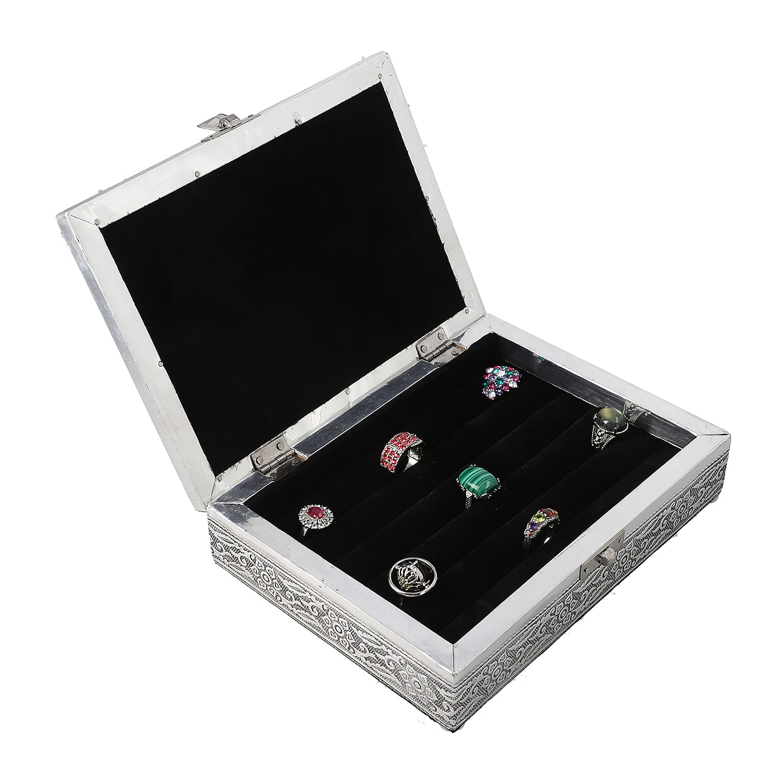 Set of 2 - Handcrafted Aluminium Embossed Transparent Window and Dandelion Pattern Ring Box with Velvet Lining (Size 20x5x15Cm)