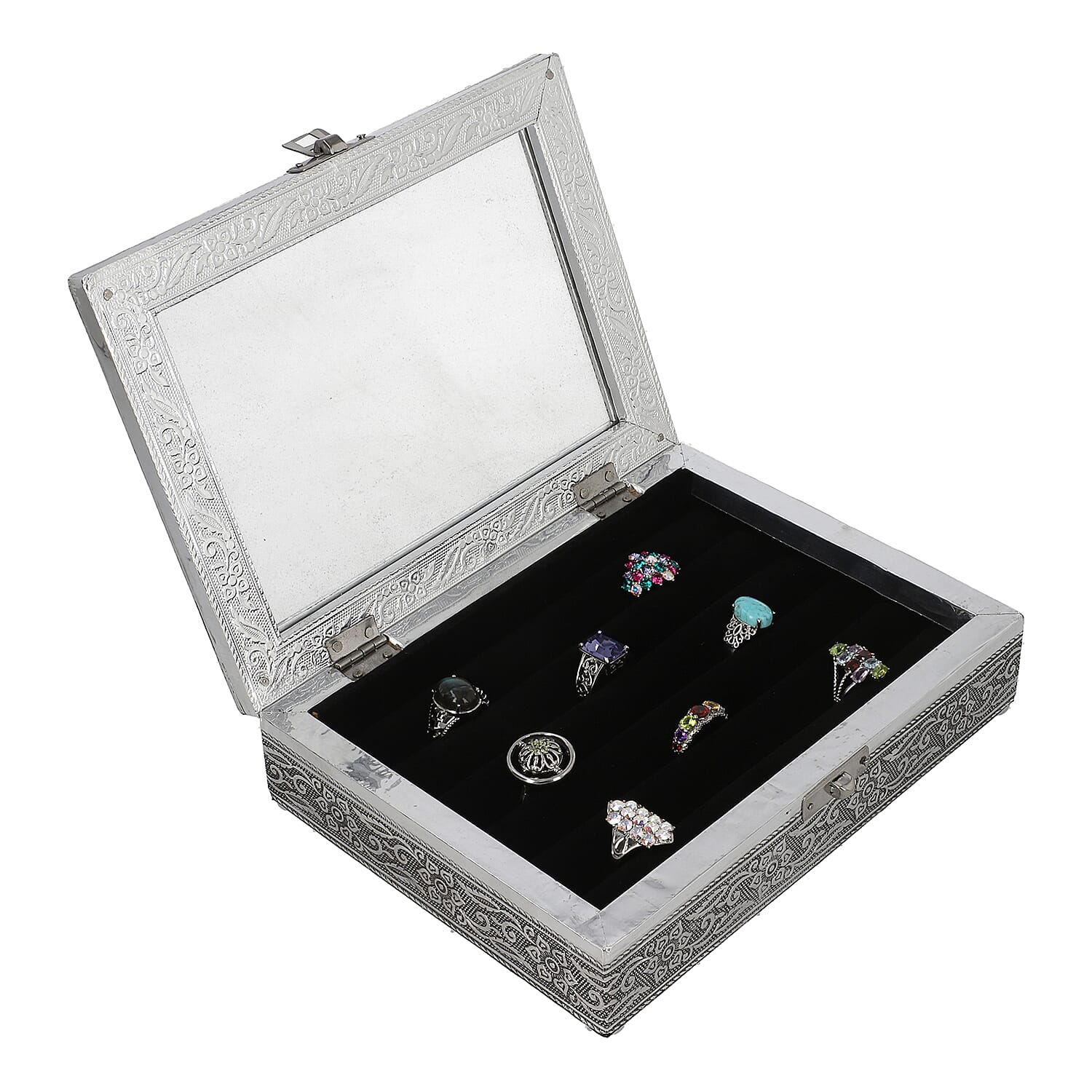 Set of 2 - Handcrafted Aluminium Embossed Transparent Window and Dandelion Pattern Ring Box with Velvet Lining (Size 20x5x15Cm)