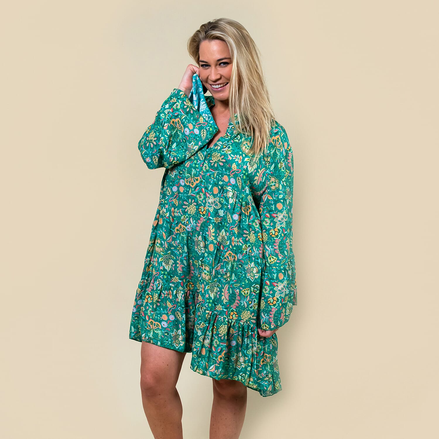 TAMSY Viscose Paisley Print Smock Dress One Size (Fits 8- 20) - Green