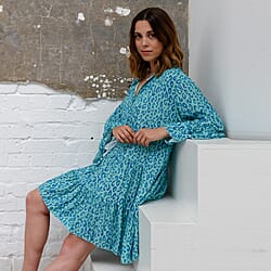 TAMSY Viscose Digital Leopard Print Button Detail Smock Dress - Blue