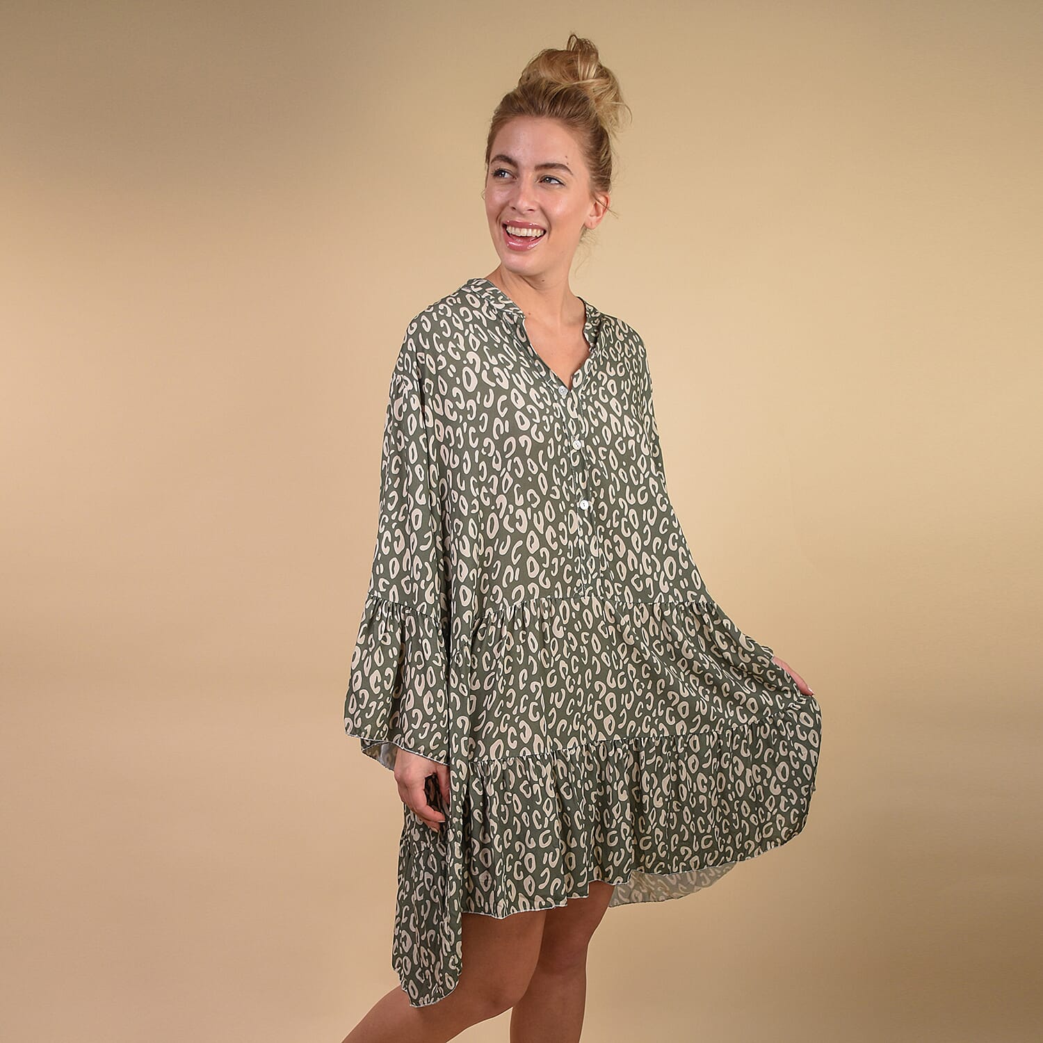 TAMSY 100% Viscose Leopard Print Smock Tunic One Size, (Fits 8-20) - Khaki