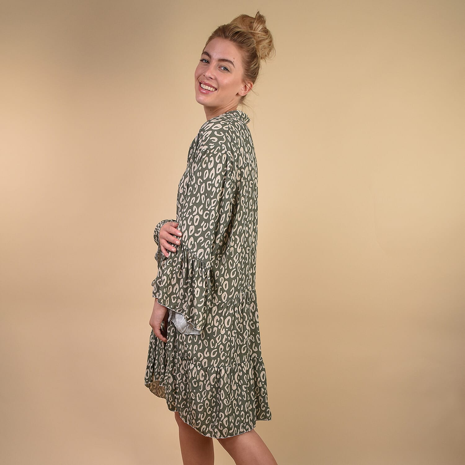 TAMSY 100% Viscose Leopard Print Smock Tunic One Size, (Fits 8-20) - Khaki