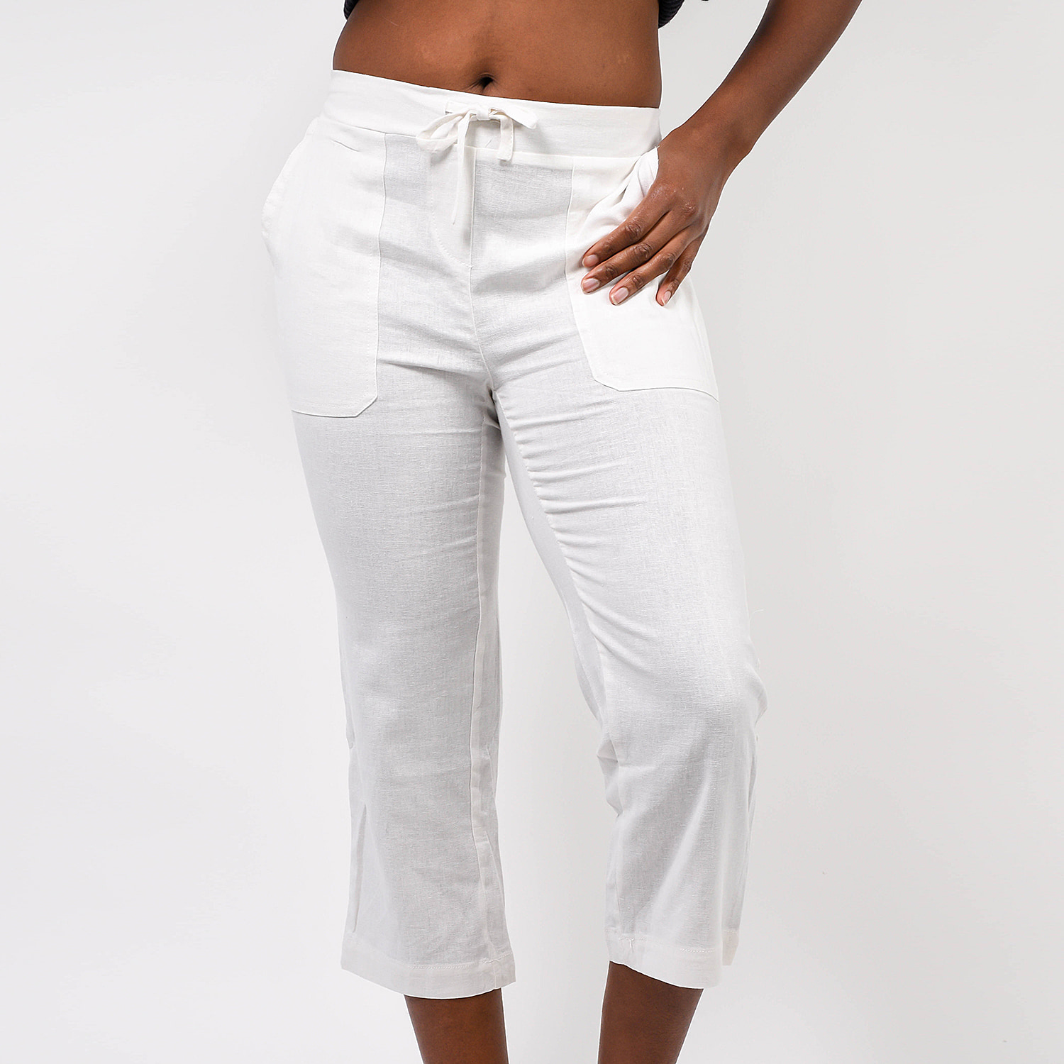 White Cropped Pull On Stretch Trousers 