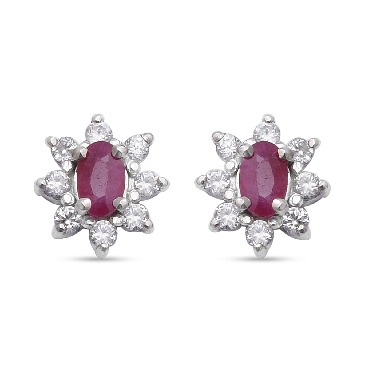Natural Thai Ruby and Natural Cambodian Zircon Stud Earrings (With Push Back) in Rhodium Overlay Sterling Silver 1.06 Ct.