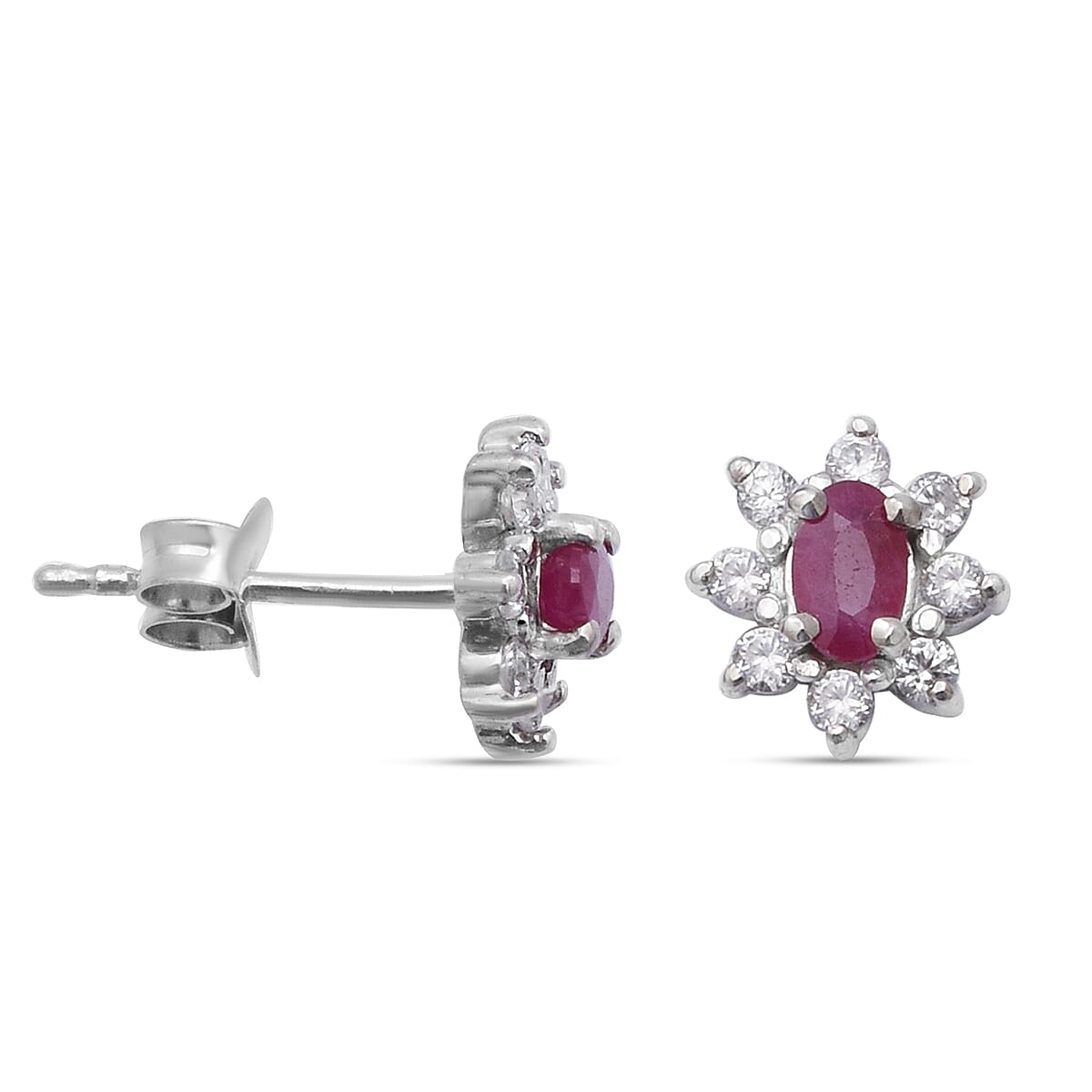 Natural Thai Ruby and Natural Cambodian Zircon Stud Earrings (With Push Back) in Rhodium Overlay Sterling Silver 1.06 Ct.