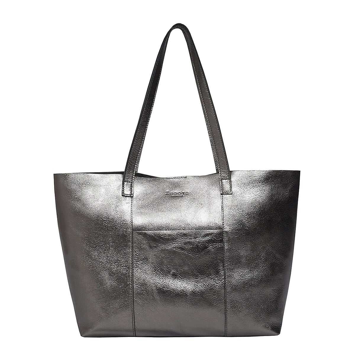 ASSOTS LONDON Genuine Leather Maisie Metallic Shopper Bag (Size 33x28x12 Cm) - Pewter