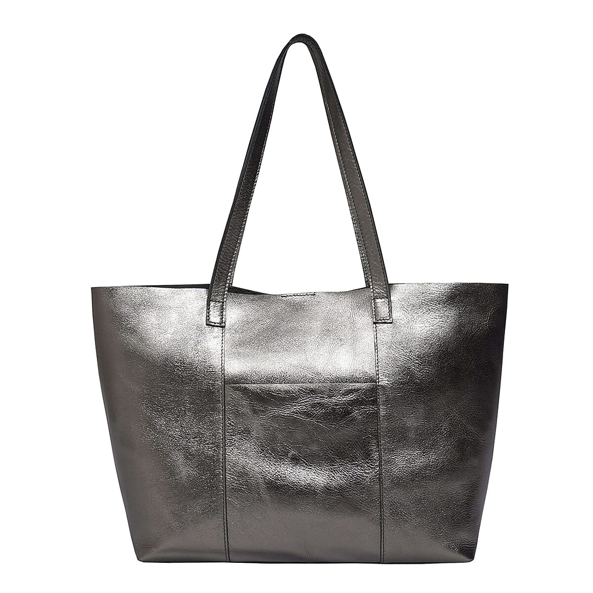 ASSOTS LONDON Genuine Leather Maisie Metallic Shopper Bag (Size 33x28x12 Cm) - Pewter