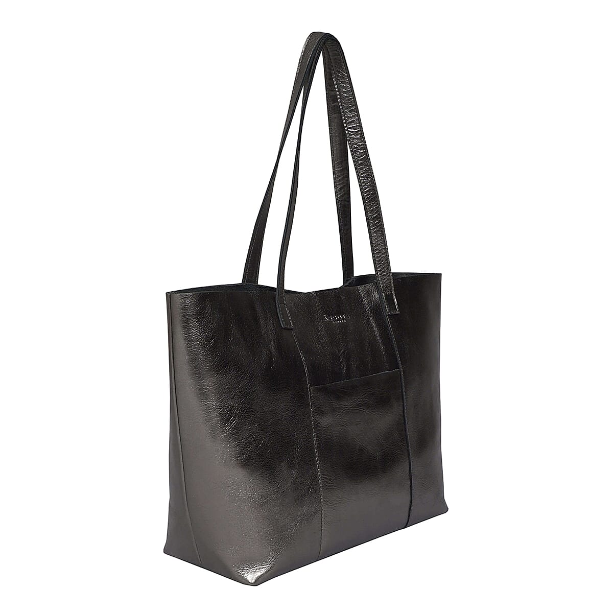ASSOTS LONDON Genuine Leather Maisie Metallic Shopper Bag (Size 33x28x12 Cm) - Pewter