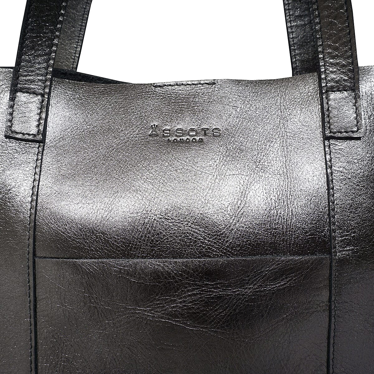 ASSOTS LONDON Genuine Leather Maisie Metallic Shopper Bag (Size 33x28x12 Cm) - Pewter