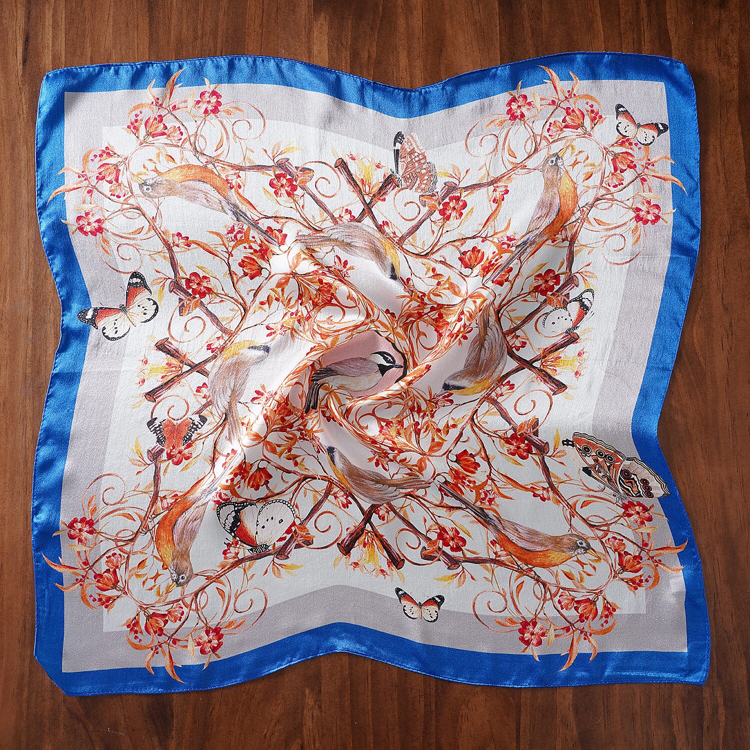 LA MAREY 100% Mulberry Silk Floral, Bird and Butterfly Pattern Scarf (Size 52 Cm) - Mint and Multi