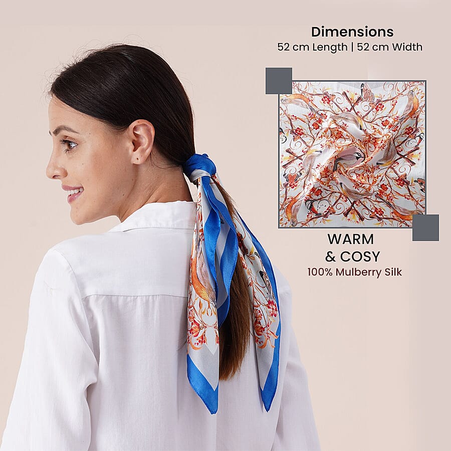 LA MAREY 100% Mulberry Silk Floral, Bird and Butterfly Pattern Scarf (Size 52 Cm) - Mint and Multi